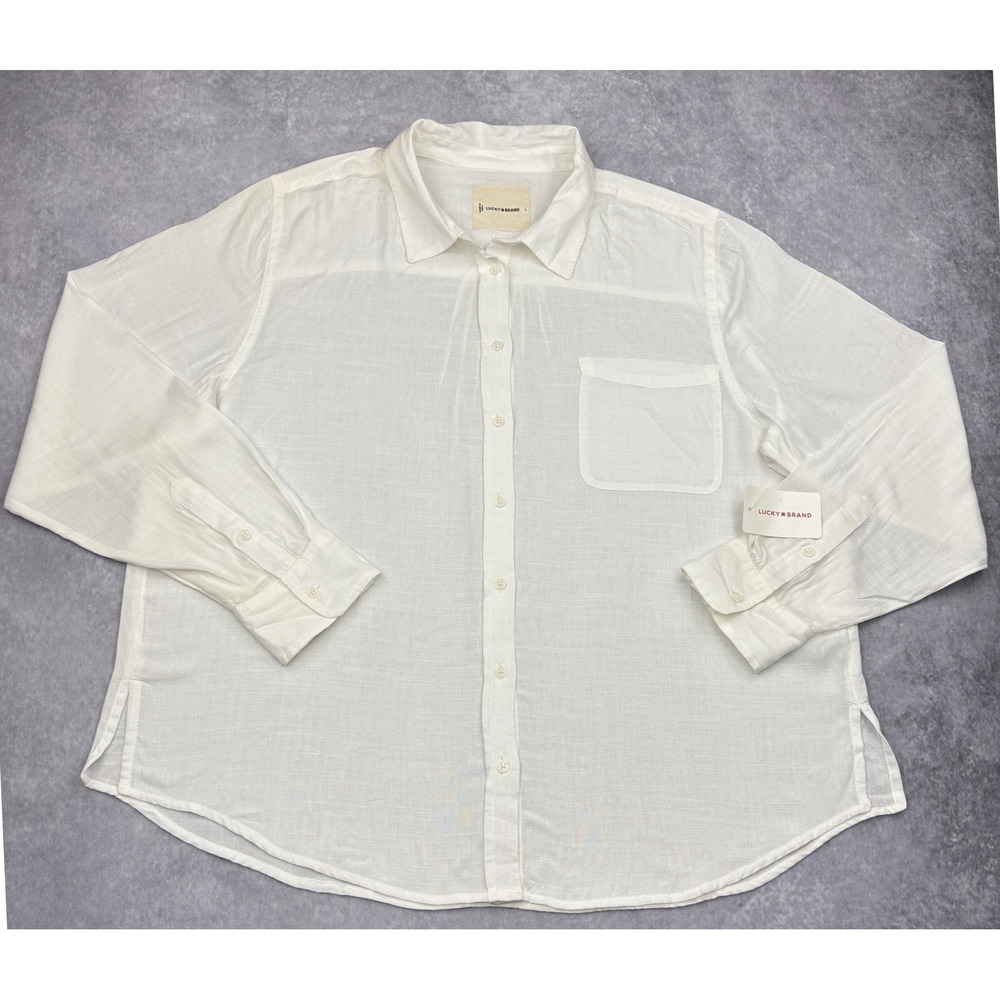 NWT Lucky Brand The Boyfriend Shirt Womens Large White Cotton Gauze Long Sleeve